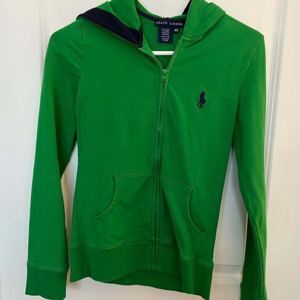 Ralph Lauren vibrant green hoodie with navy blue detail XS.